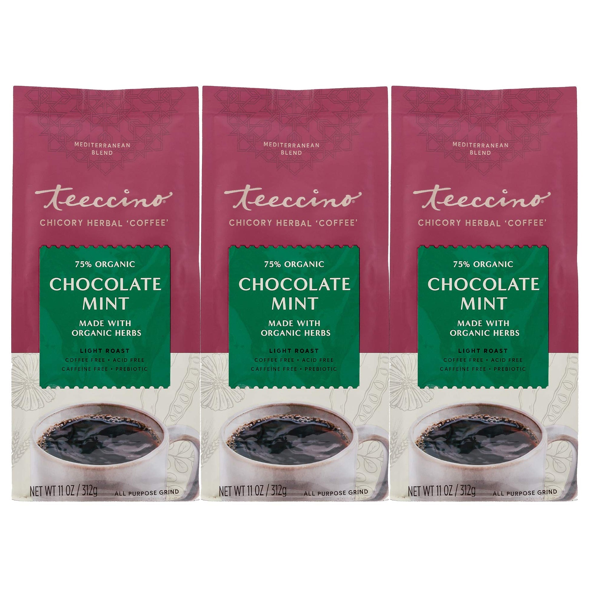 Teeccino Chocolate Mint Herbal Coffee Alternative, Caffeine Free, Light Roast, 11 Ounce (Pack of 3)