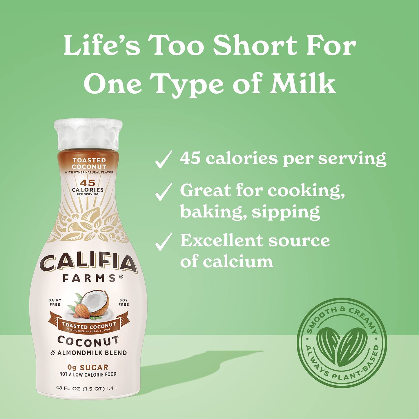 Califia Farms - Toasted Coconut Almond Milk, 48 Oz, Dairy Free, Plant Based, Vegan, Gluten Free, Non Gmo, Sugar Free, High Calci