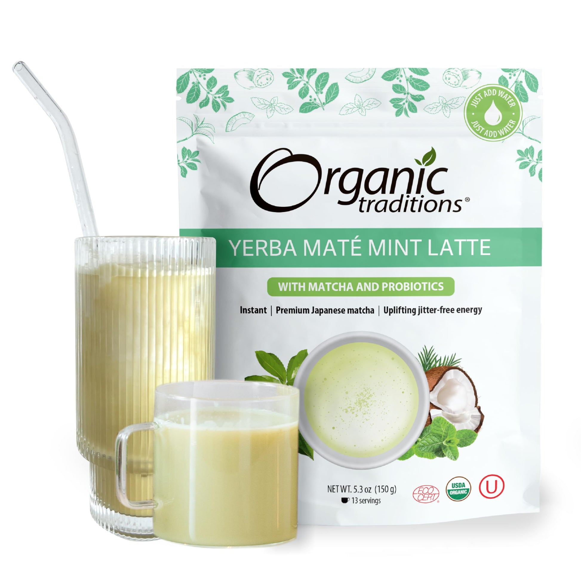 Organic Traditions Yerba Mate Tea Mint Latte with Matcha, Instant Dairy-Free Superfood Latte, 150g/5.3oz Bag