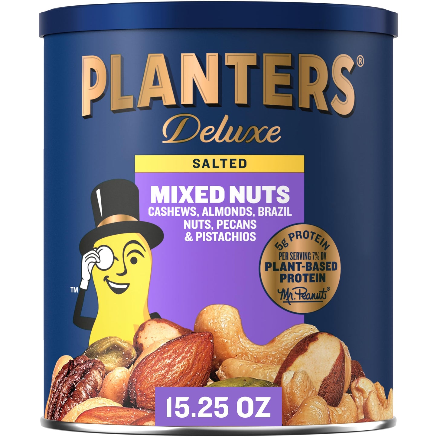PLANTERS Deluxe Mixed Nuts - Roasted Cashews, Almonds, Brazil Nuts, Pistachios, Pecans, 15.25oz Canister