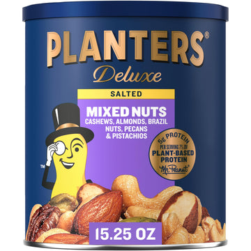 PLANTERS Deluxe Mixed Nuts - Roasted Cashews, Almonds, Brazil Nuts, Pistachios, Pecans, 15.25oz Canister