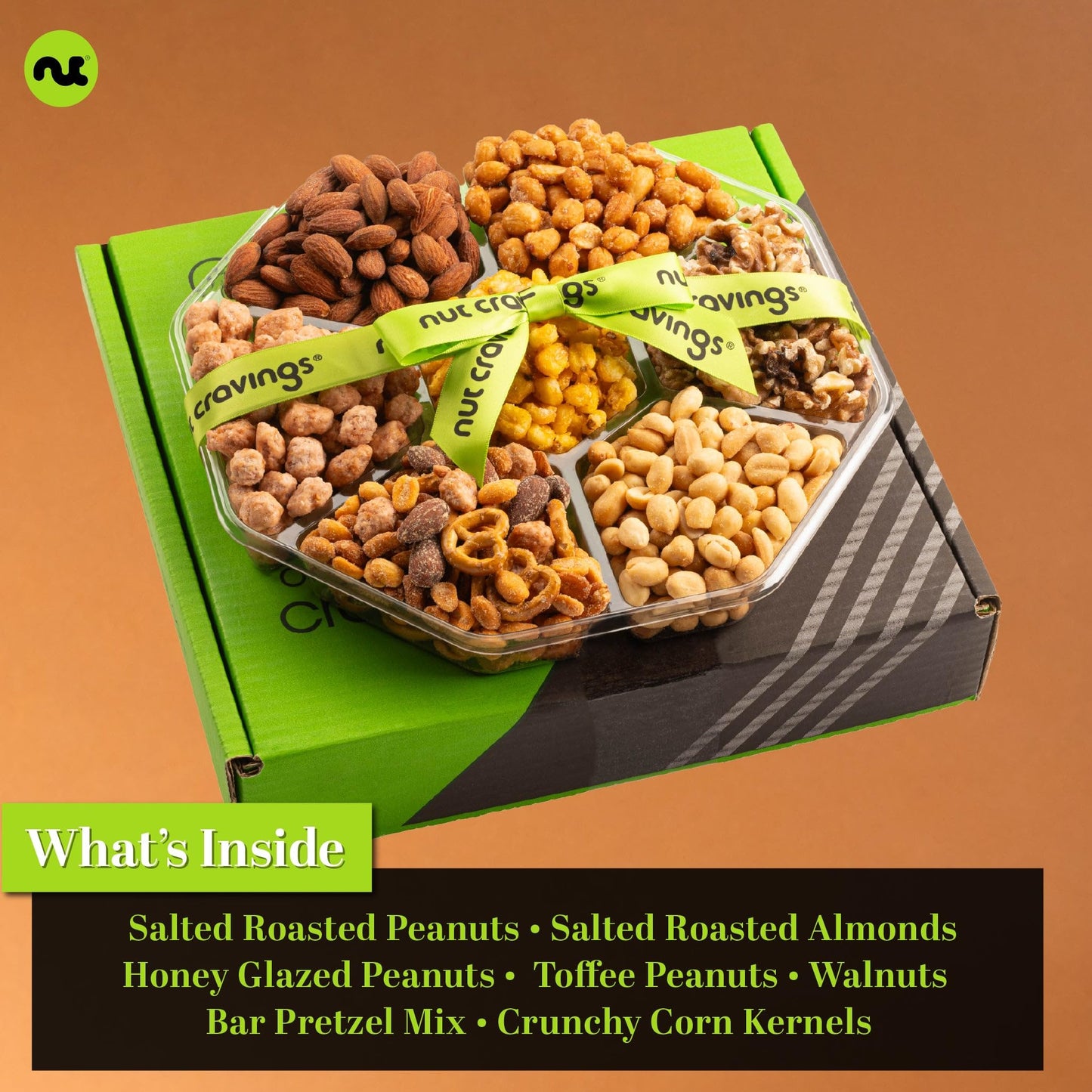 Nut Cravings Fathers Day Gourmet Dad Treats - Mixed Nuts Gift Basket + Green Ribbon Classic (7 Assortments, 1 Lb) Food Arrangeme
