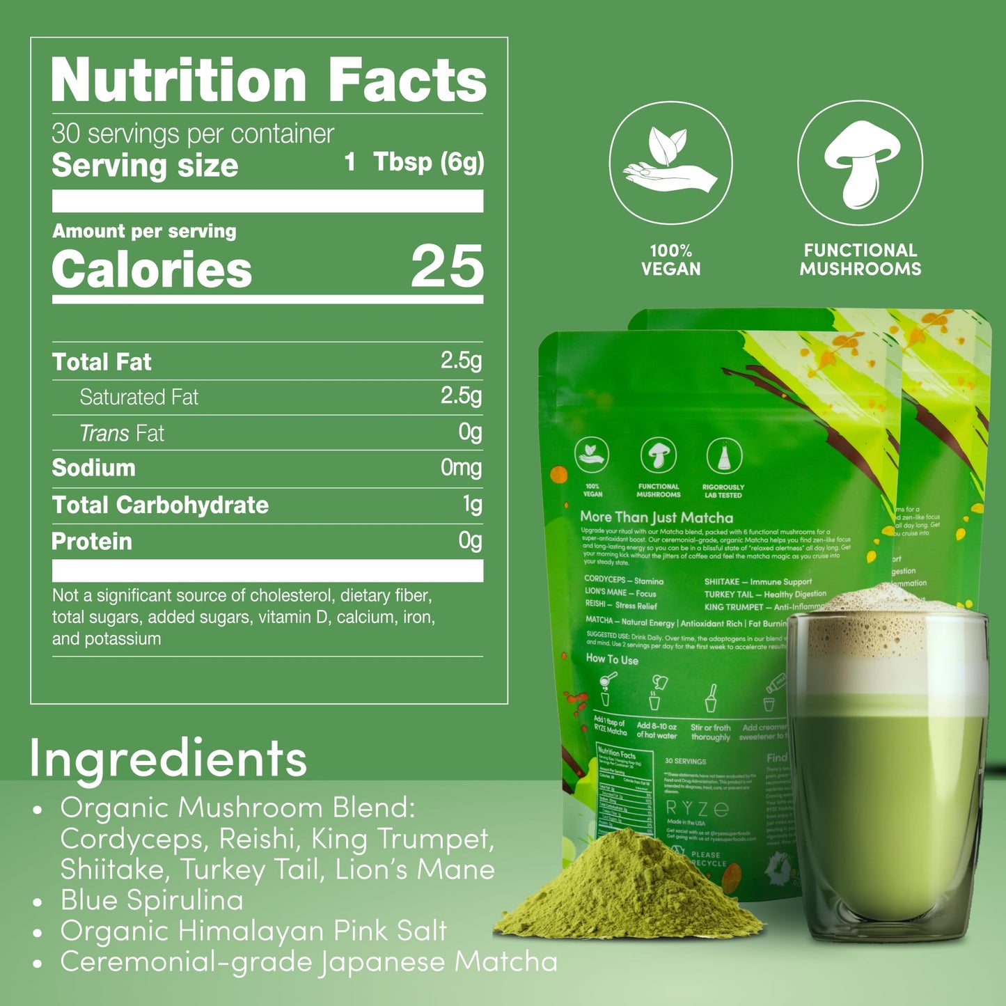 RYZE SUPERFOODS Mushroom Matcha Starter Kit, USDA Organic with 6 Adaptogenic Mushrooms and Ceremonial-Grade Matcha, Energy, Focu