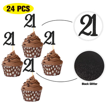 Sumerk 24Pcs 21 Cupcake Toppers Black Glitter 21St Birthday Cupcake Picks Anniversary Party Decorations