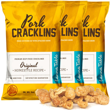 Lanna Table Pork Cracklins, Southern Flavor Chicharrones Style, Fried Pork Skins Attached With Fat, Salt Added, 0G Carbs, High P