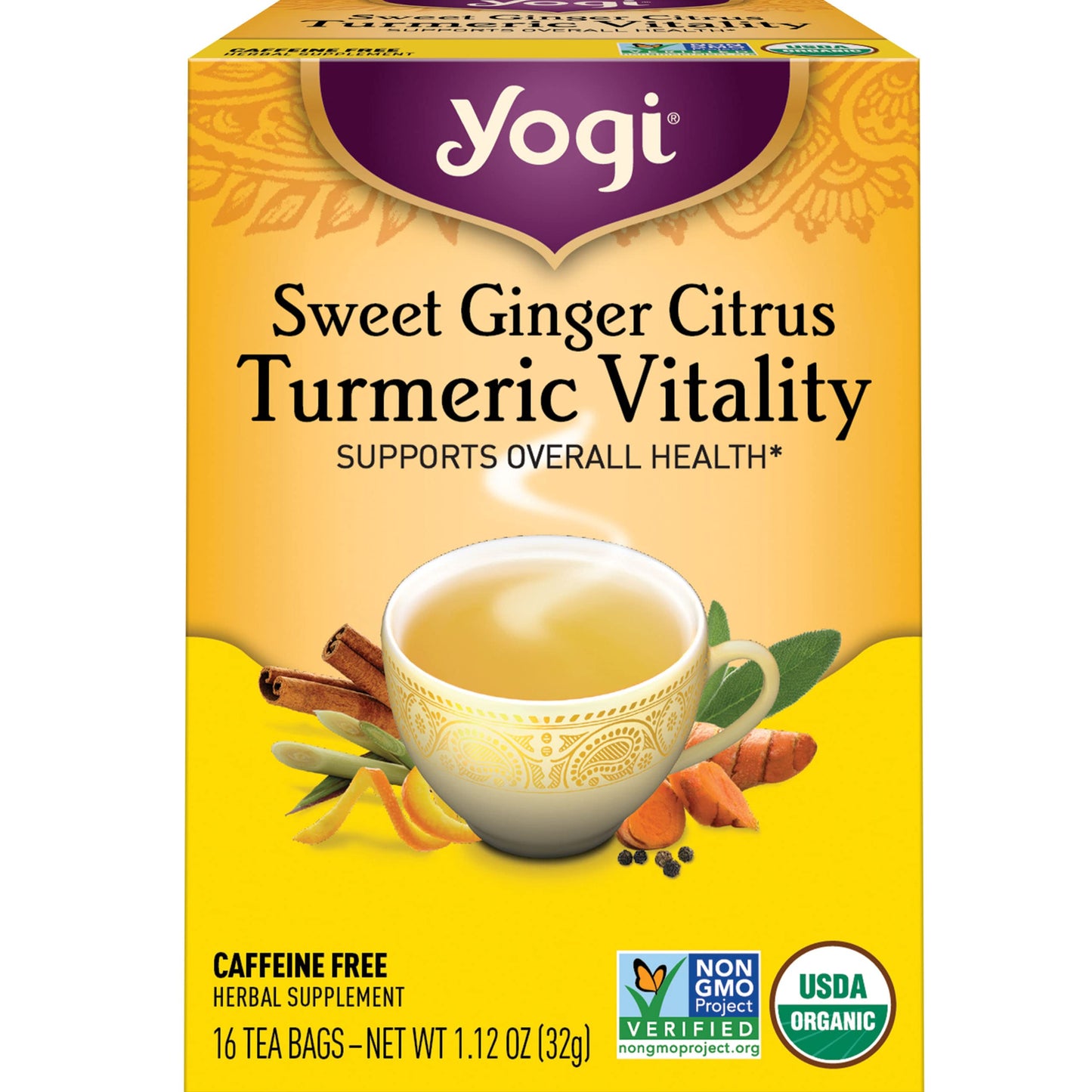 Yogi Tea Sweet Ginger Citrus Turmeric Vitality - 16 Bags per Pack (4 Packs) - Organic Ginger & Turmeric Root Tea - Supports Well