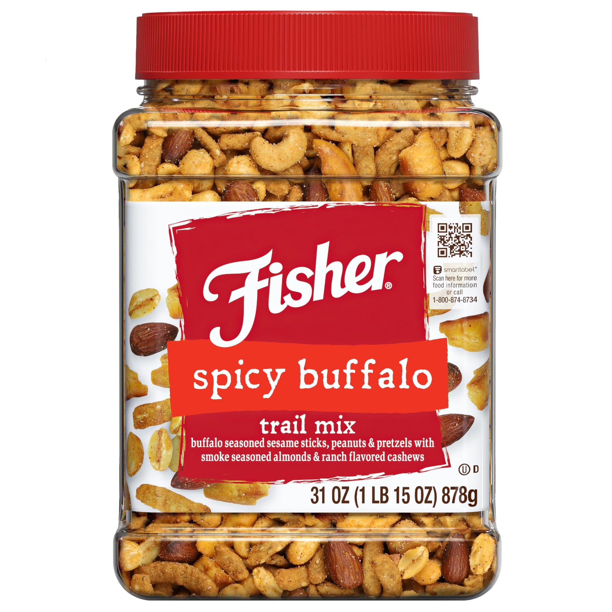 Fisher Spicy Buffalo Bulk Trail Mix, 31 Oz Jar; Buffalo Seasoned Sesame Sticks, Peanuts & Pretzels With Smoked Seasoned Almonds & Ranch Flavored Cashews; Hot Spicy Snack Mix, Snacks For Mature-Themeds