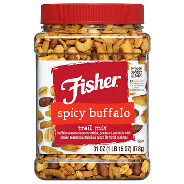 Fisher Spicy Buffalo Bulk Trail Mix, 31 Oz Jar; Buffalo Seasoned Sesame Sticks, Peanuts & Pretzels With Smoked Seasoned Almonds & Ranch Flavored Cashews; Hot Spicy Snack Mix, Snacks For Mature-Themeds