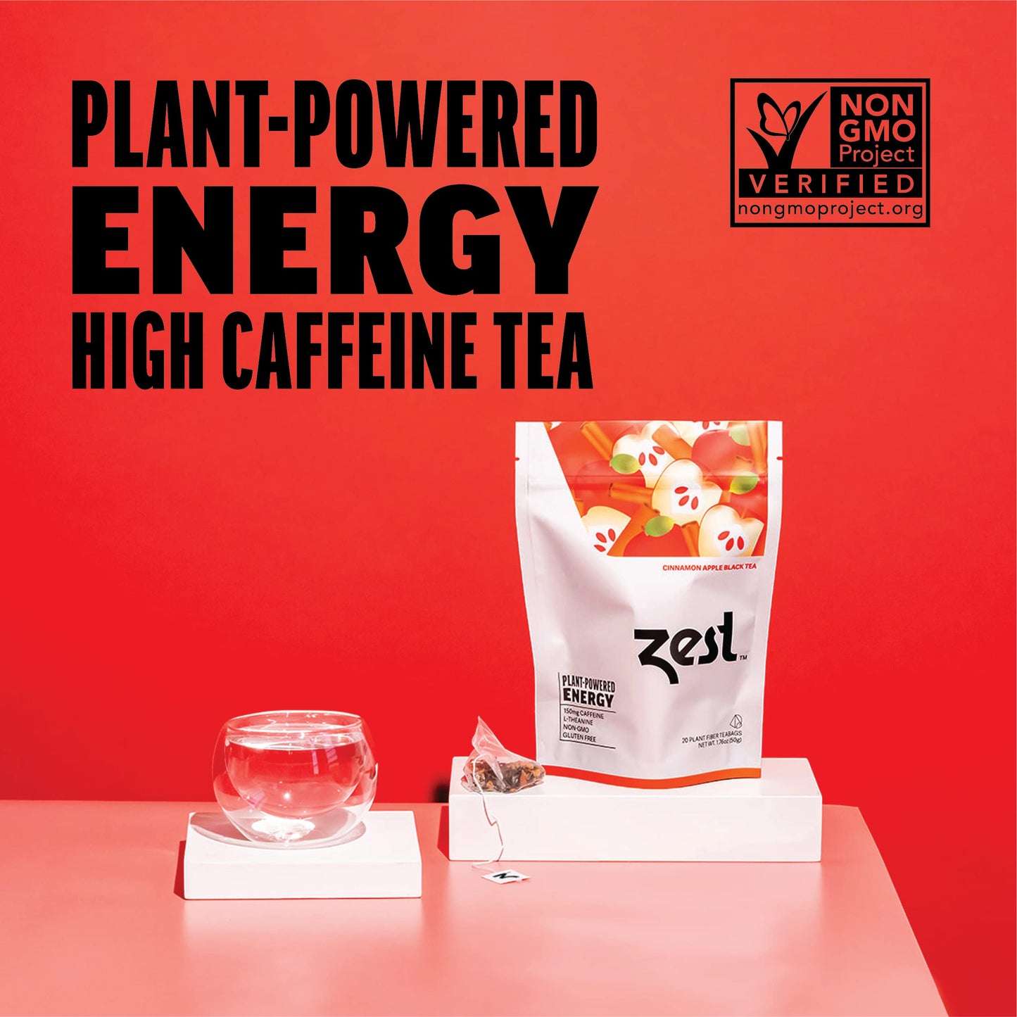 Zest Cinnamon Apple Spice Energy Tea Bags - High Caffeine Black Tea, 150mg Caffeine, 20 Count Pack, Non-GMO, Red