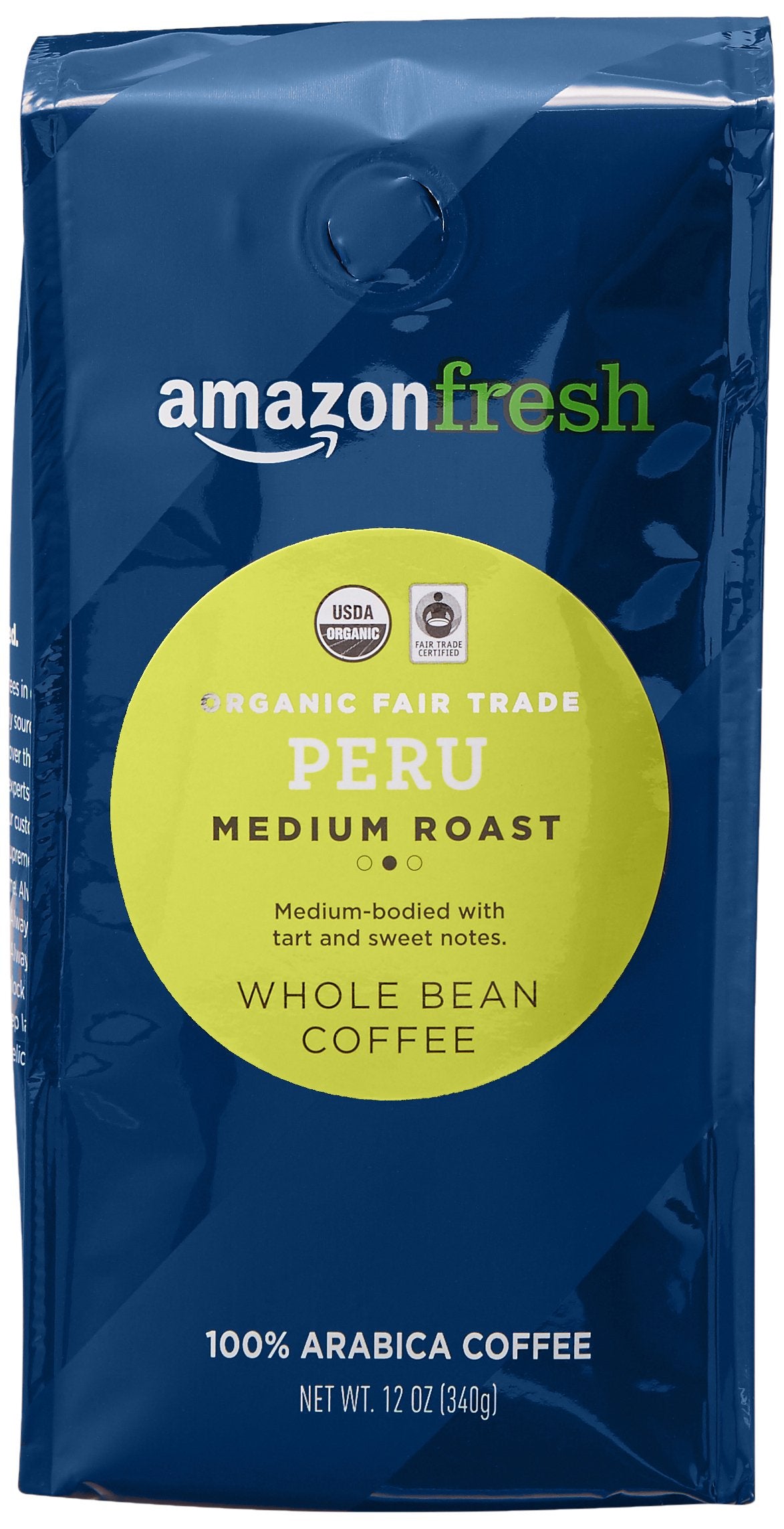 Amazon Fresh Organic Fair Trade Whole Bean Coffee, Medium Roast, 12 Oz
