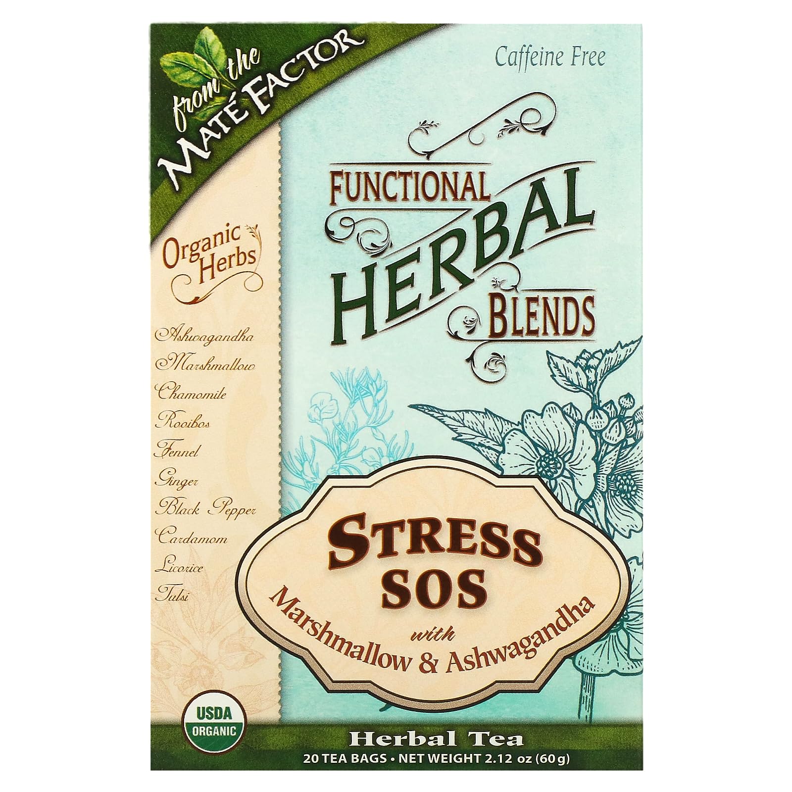 Mate Factor Organic Stress Sos With Marshmallow And Ashwagandha Herbal Tea  20-Piece