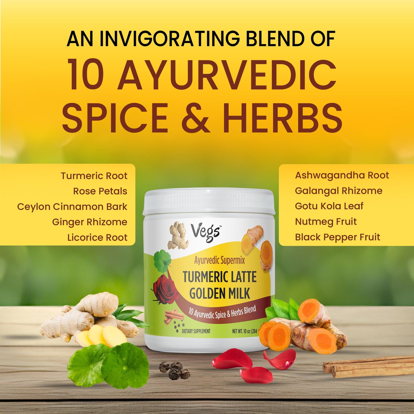 Vegs Turmeric Latte Golden Milk - Ayurvedic Super Spice Mix Golden Milk with Turmeric, Ginger, Rose Petals, Cinnamon, Ashwagandh