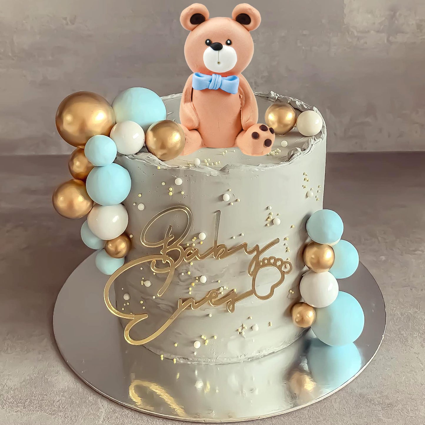 Bear Cake Toppers Mini Bear Figurine Cake Decorations With Gold Blue White Pearl Ball For Baby Shower Birthday Party Teddy Bear