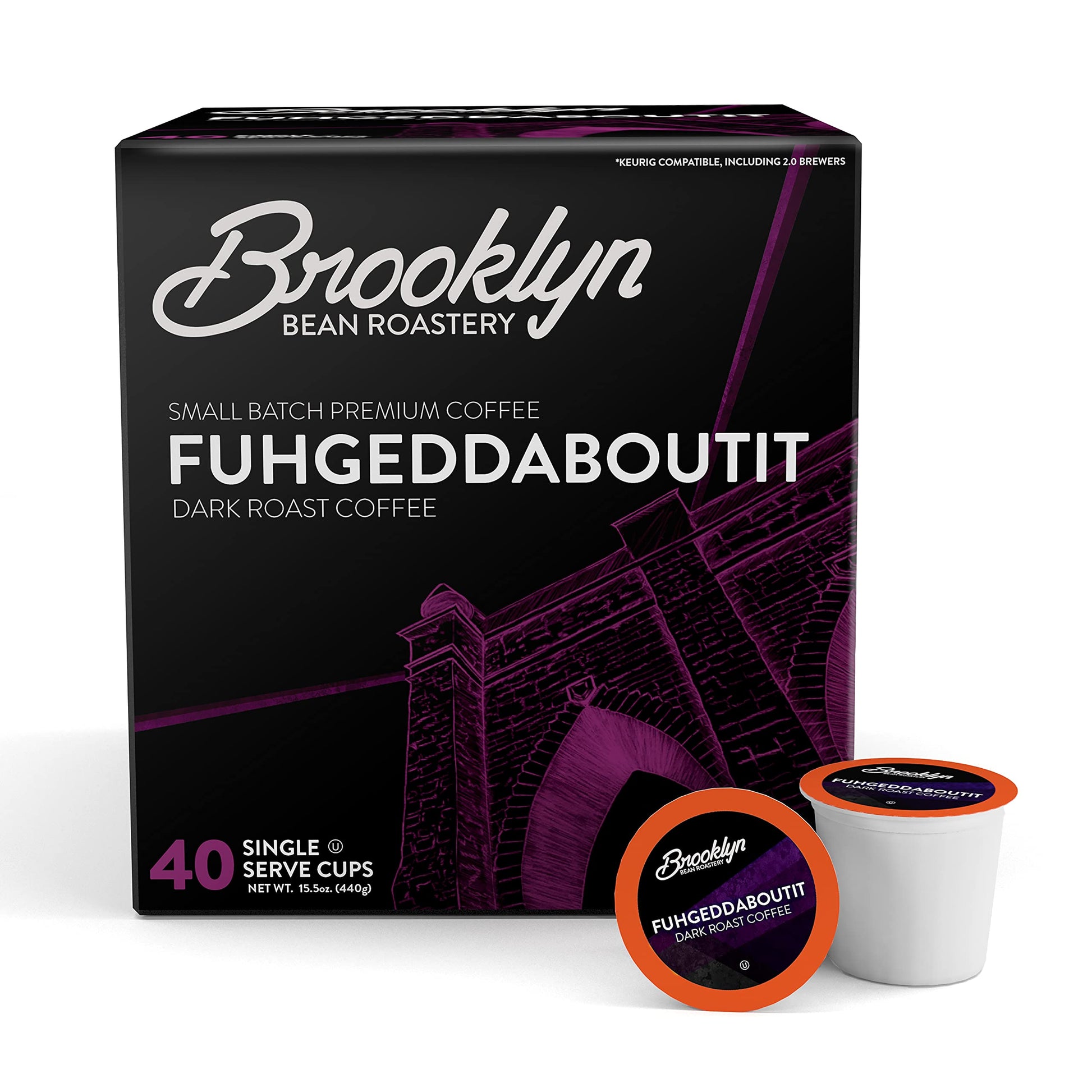 Brooklyn Beans Fuhgeddaboutit Gourmet Coffee Pods - Compatible with Keurig 2.0 K Cup malt-inspired, 40 Count, Bold and Rich Dark Roast