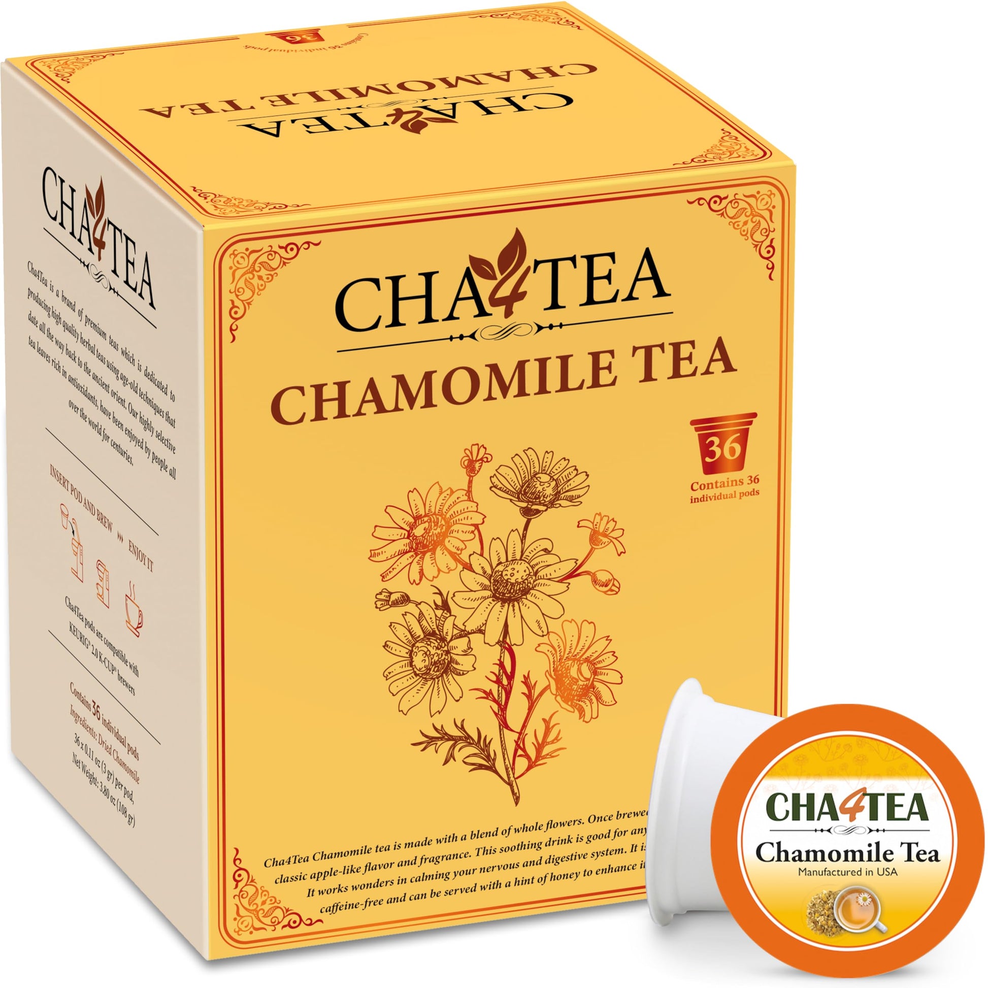 Cha4Tea Herbal Tea Pods - 36 Count, Compatible with Keurig, Bedtime Tea, Nightly Calm, Relaxing Flavor, Model TE-012-1