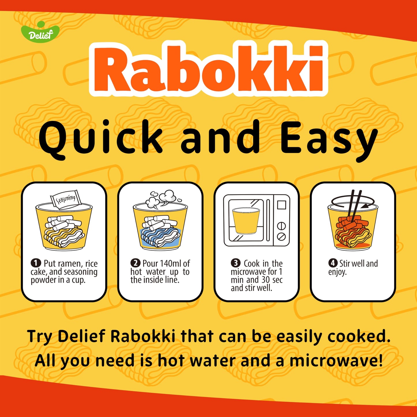 DELIEF Rabokki Sweet and Spicy Original Flavor 165g - Korean Street Food, Ramen Noodle and Tteokbokki Rice Cake, Quick Meal