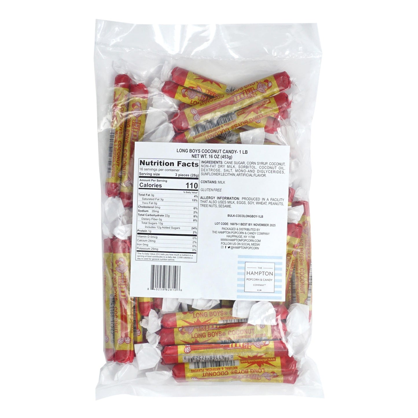 Long Boys Coconut Candy  1 Pound Bag (Approx. 40 pieces)  Coconut Long Boys Candy  The Hampton Popcorn & Candy Company
