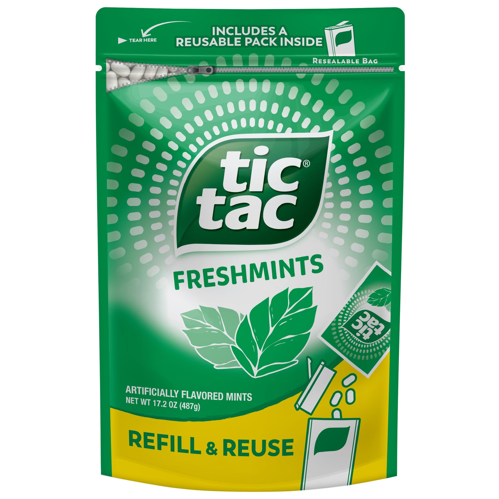 Tic Tac Bulk Resealable Refill Bag, Freshmint Breath Mints, On-The-Go Refreshment, Includes Empty Refillable Pack, 17.2 oz