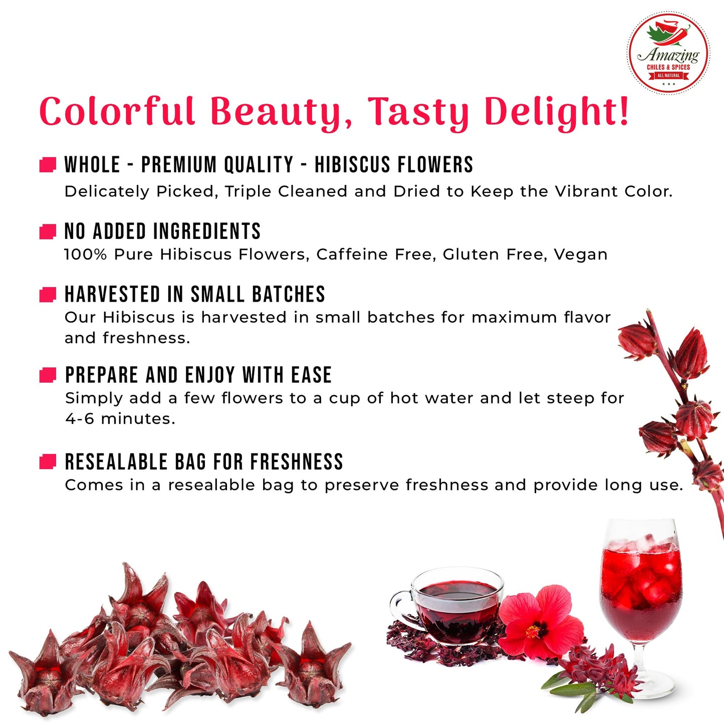 Hibiscus Flowers 2lb (32oz) - All Natural, Triple Cleaned - Whole Soft Petals by Amazing Chiles & Spices for Tea & Agua Fresca