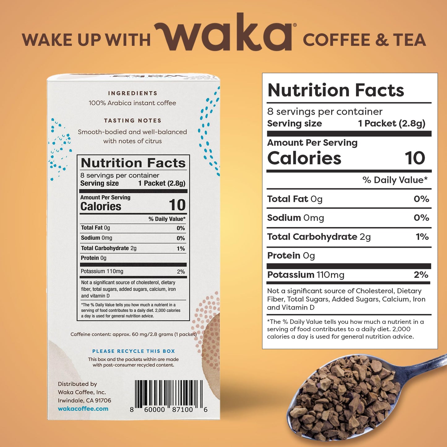 Waka Coffee Premium Instant Coffee Sachets - 100% Arabica, Medium Roast - 8 Count