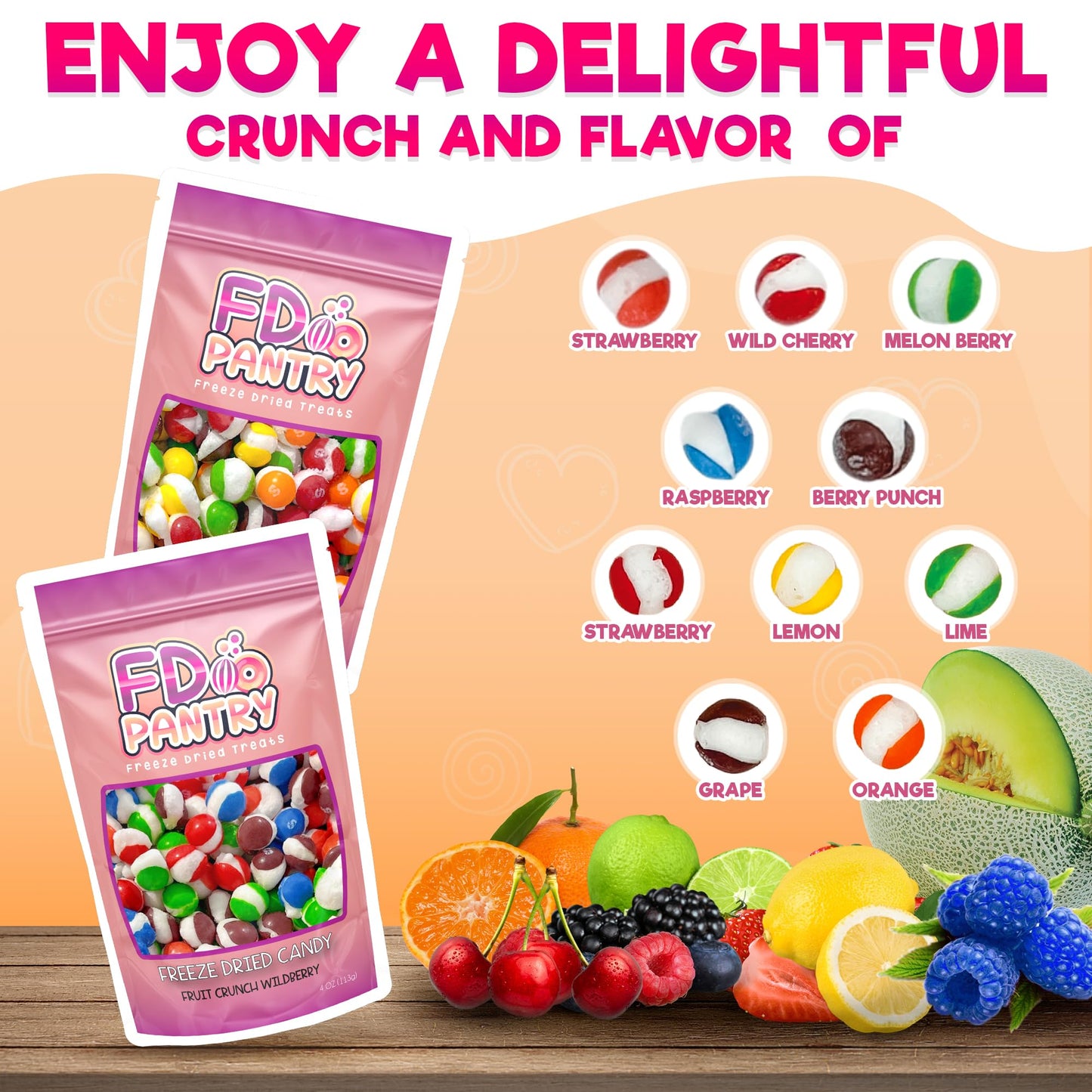 Freeze Dried Candy, Fruit Crunch Original + Wildberry, 4 oz, 2 Pack, Assorted Variety Sampler Flavors, Bag Pouch, Ideal Gift Sna