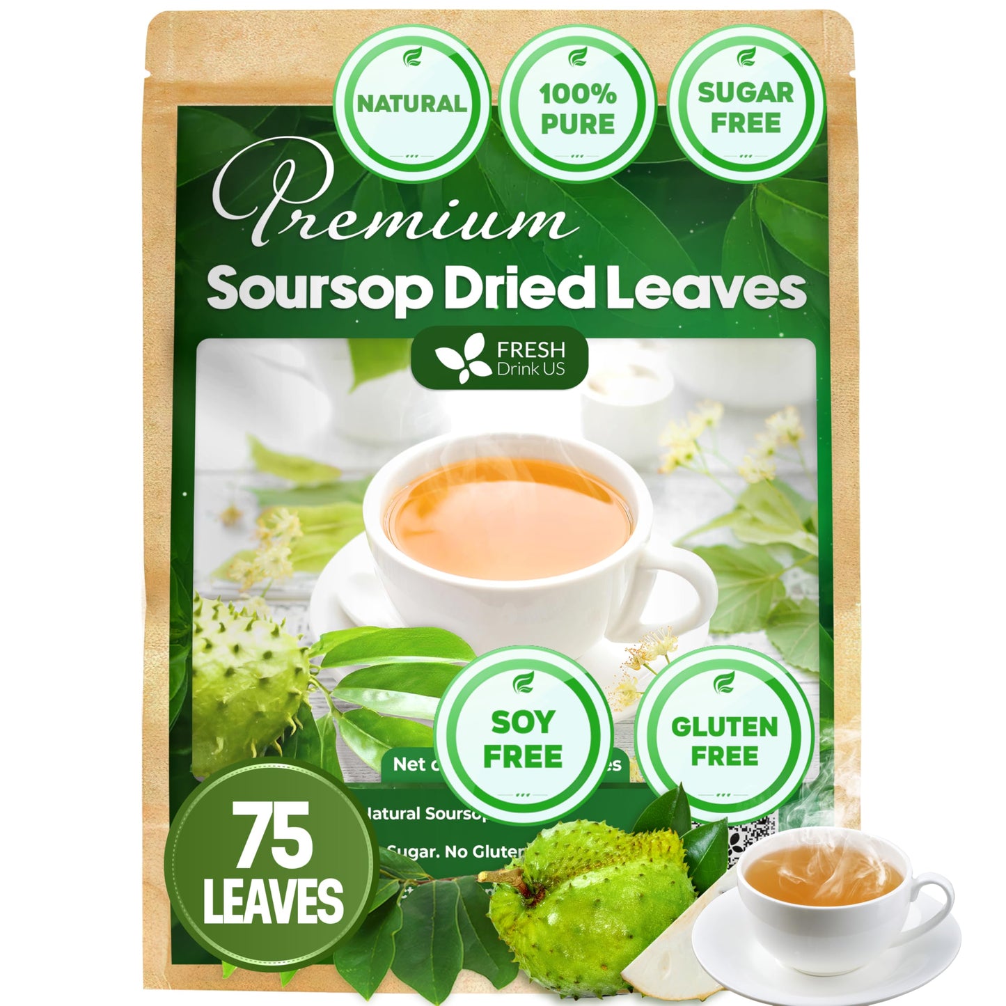 FRESHDRINKUS Soursop Graviola Tea, 75 Premium Dried Leaves, Vegan, Non-GMO, No Sugar, Gluten, or Caffeine
