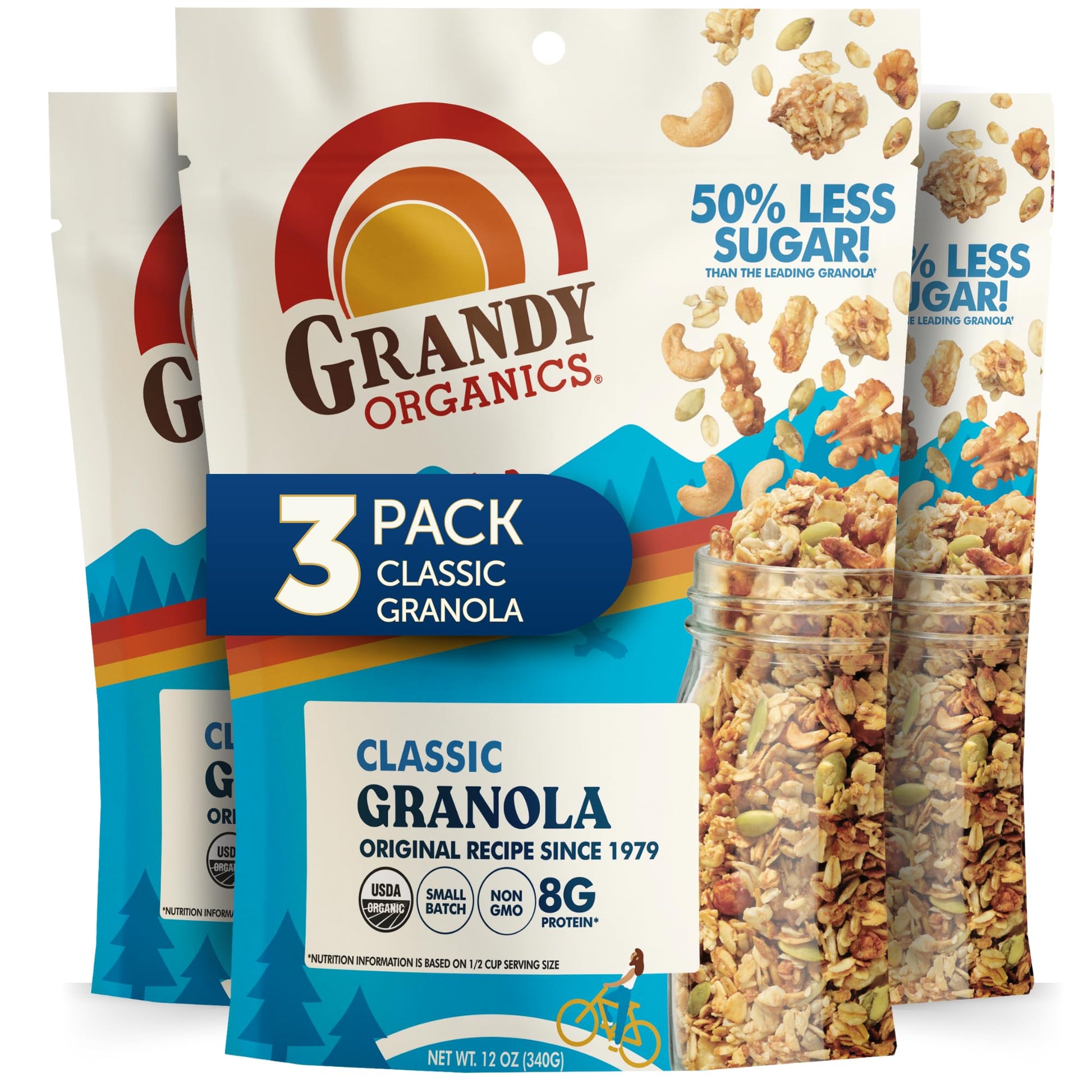 Grandy Organics Classic Granola  Certified Organic Granola Cereal  Low Sugar - Made with Oats  Pumpkin Seeds  Walnuts and Cashews  12oz Bags  Bulk Pack of 3
