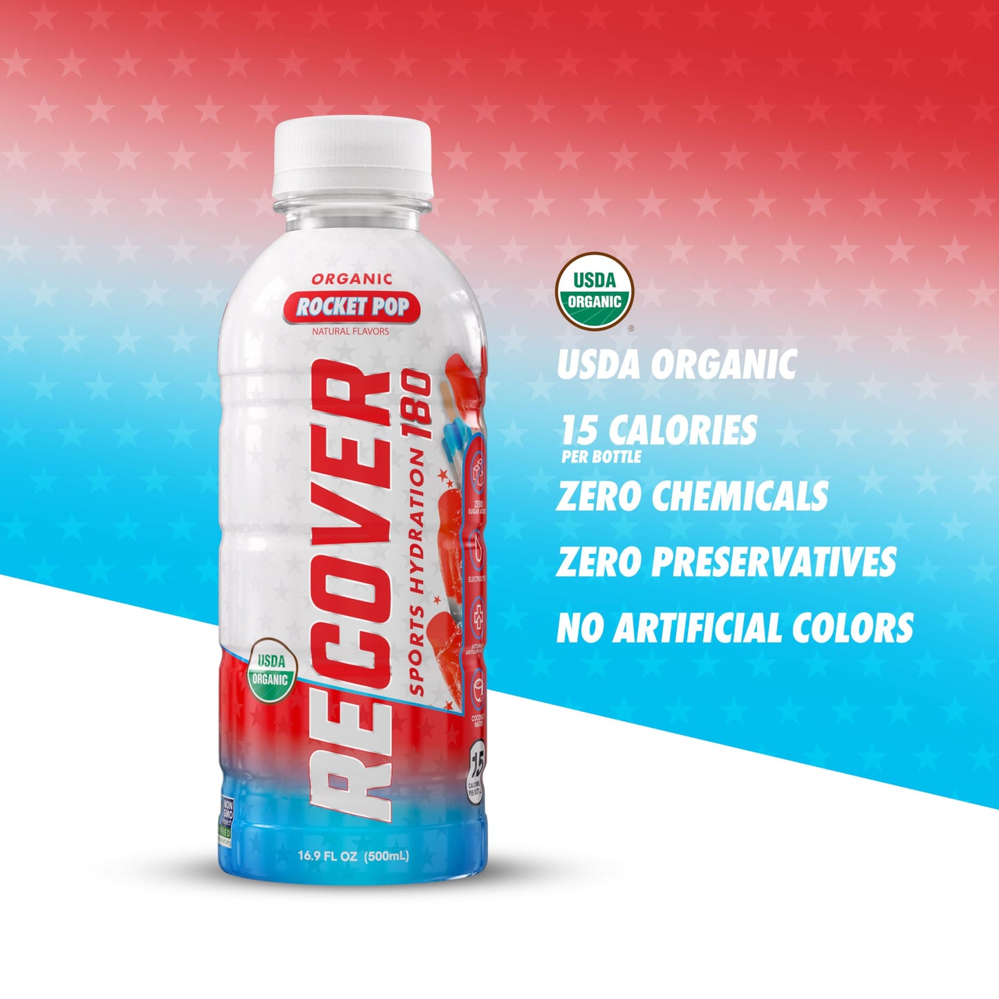 RECOVER 180 Organic Sports Hydration Drink, No Sugar, 20 Calories, Electrolytes, 16.9 Fl Oz (Pack of 12), Rocket Pop Flavor