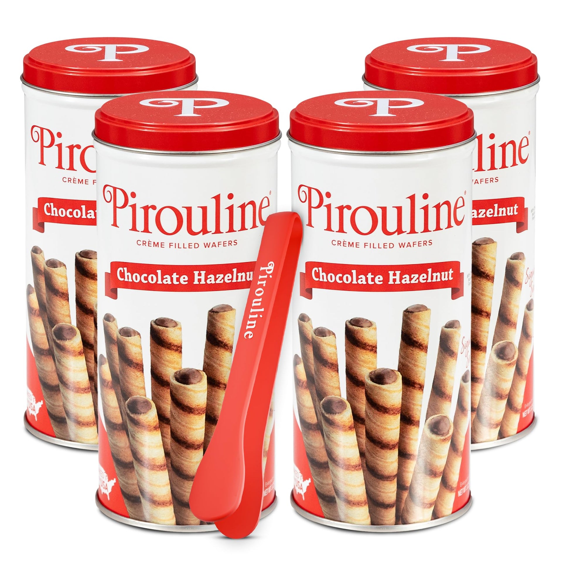 Pirouline Rolled Wafers - Chocolate Hazelnut - Rolled Wafer Sticks Bundled With Serving Tongs  Crme Filled Wafers For Coffee  Tea  Ice Cream  Snacks  Parties  Gifts  And More - 3.25Oz Tin 4Pk