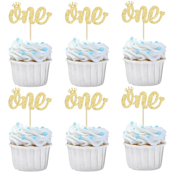 Gyufise 24 Pack One Cupcake Toppers Gold Glitter First Birthday Decorations For Kids Boy Girl First Birthday Party Decoration Supplies