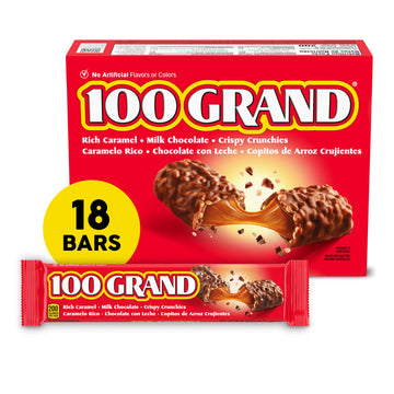 100 Grand Crispy Milk Chocolate With Caramel, Full Size Individually Wrapped Candy Bars, 1.5 Oz Each, Bulk 18 Count Box