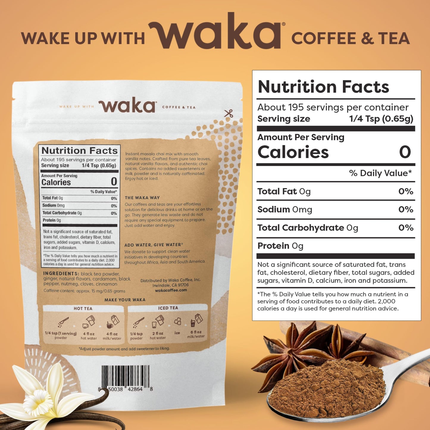 Waka Vanilla Chai Tea Powder Mix, Unsweetened Vegan, 4.5oz Pouch, 100% Tea Leaves, Natural Spices, 195 Servings