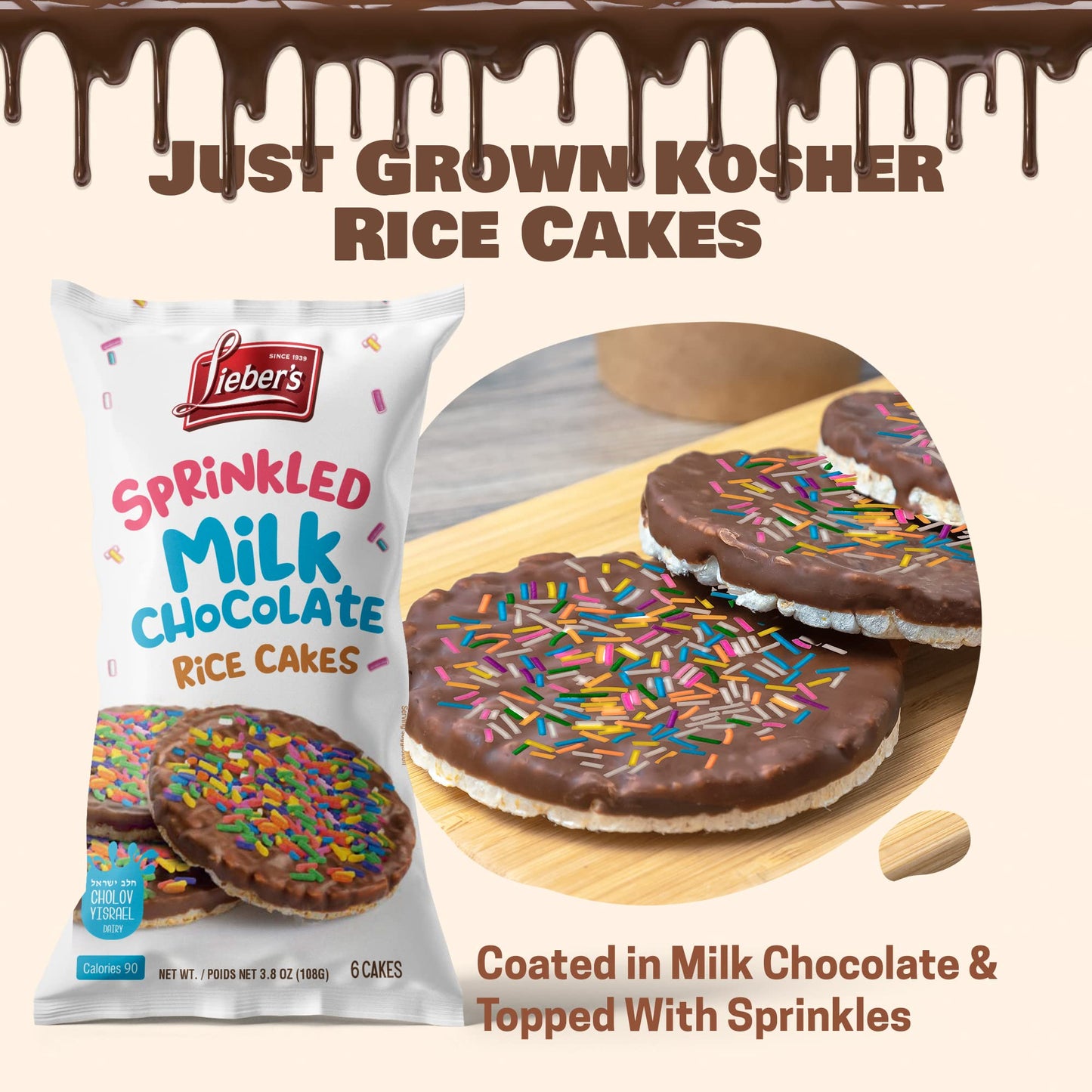 Liebers Sprinkled Topped Milk Chocolate Rice Cakes, Kosher Certified Dairy, Gluten Free Snack (Pack Of 3)