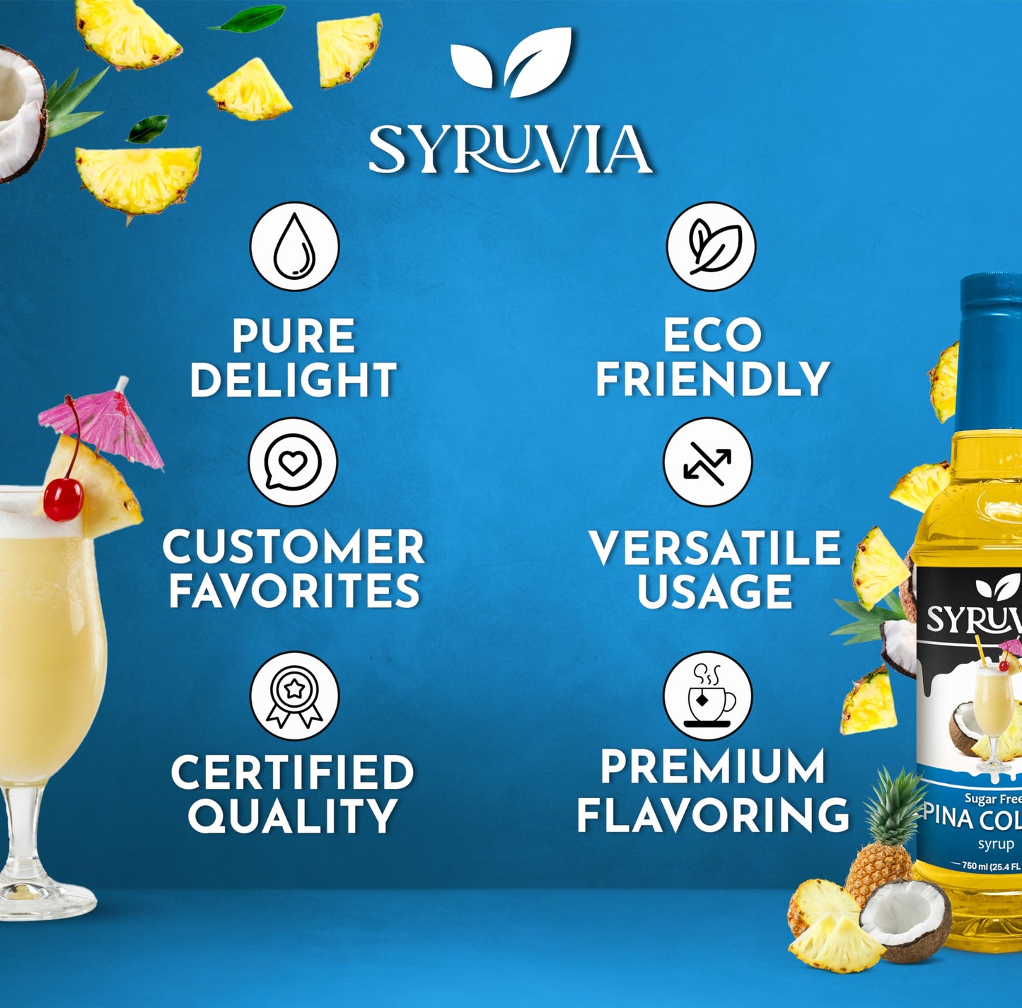 Syruvia Sugar-Free Pina Colada Syrup - 25.4 fl oz. Premium Coffee Flavoring Syrup. 0 Calories, Kosher, and Gluten-Free. Perfect