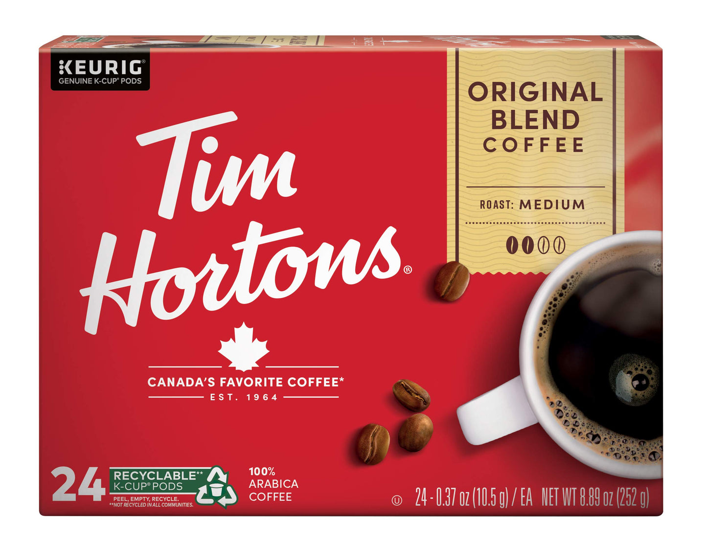 Tim Hortons Original Blend Medium Roast Coffee K-Cup Pods, 24 Count, Compatible with Keurig malt-inspired, Red