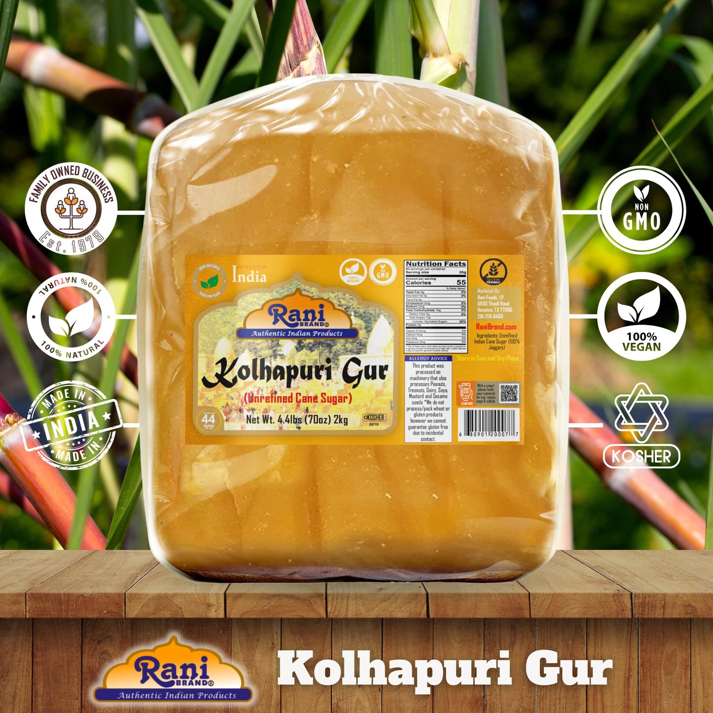Rani Kolhapuri Gur (Jaggery) 70oz (4.4lbs) 2kg ~ Unrefined Cane Sugar, No Color added, Gluten Friendly | Vegan | NON-GMO | Koshe