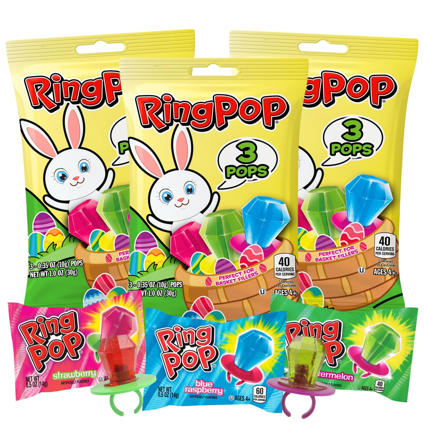 Easter Ring Pops, Watermelon, Strawberry and Blue Raspberry Flavored, Basket Stuffer Candies, 3 in Each (Pack of 3)