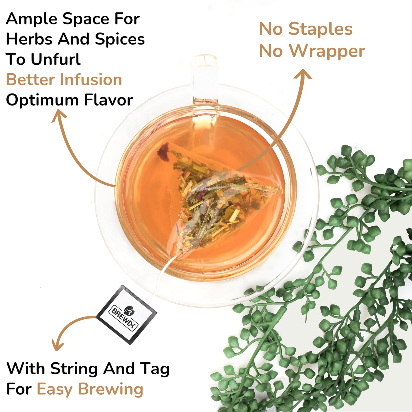 BREWIX Sweet Orange Hibiscus Tea Bags - Caffeine-Free Herbal Tea, 25 Pyramid Bags, Supports Calm & Balance