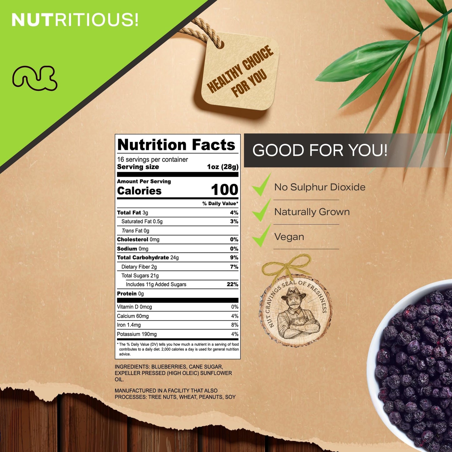 NUT CRAVINGS - Sun Dried Blueberries, Lightly Sweetened, Unsulphured (16oz, 1 LB) Bulk Dry Fruits Packed Fresh in Resealable Bag