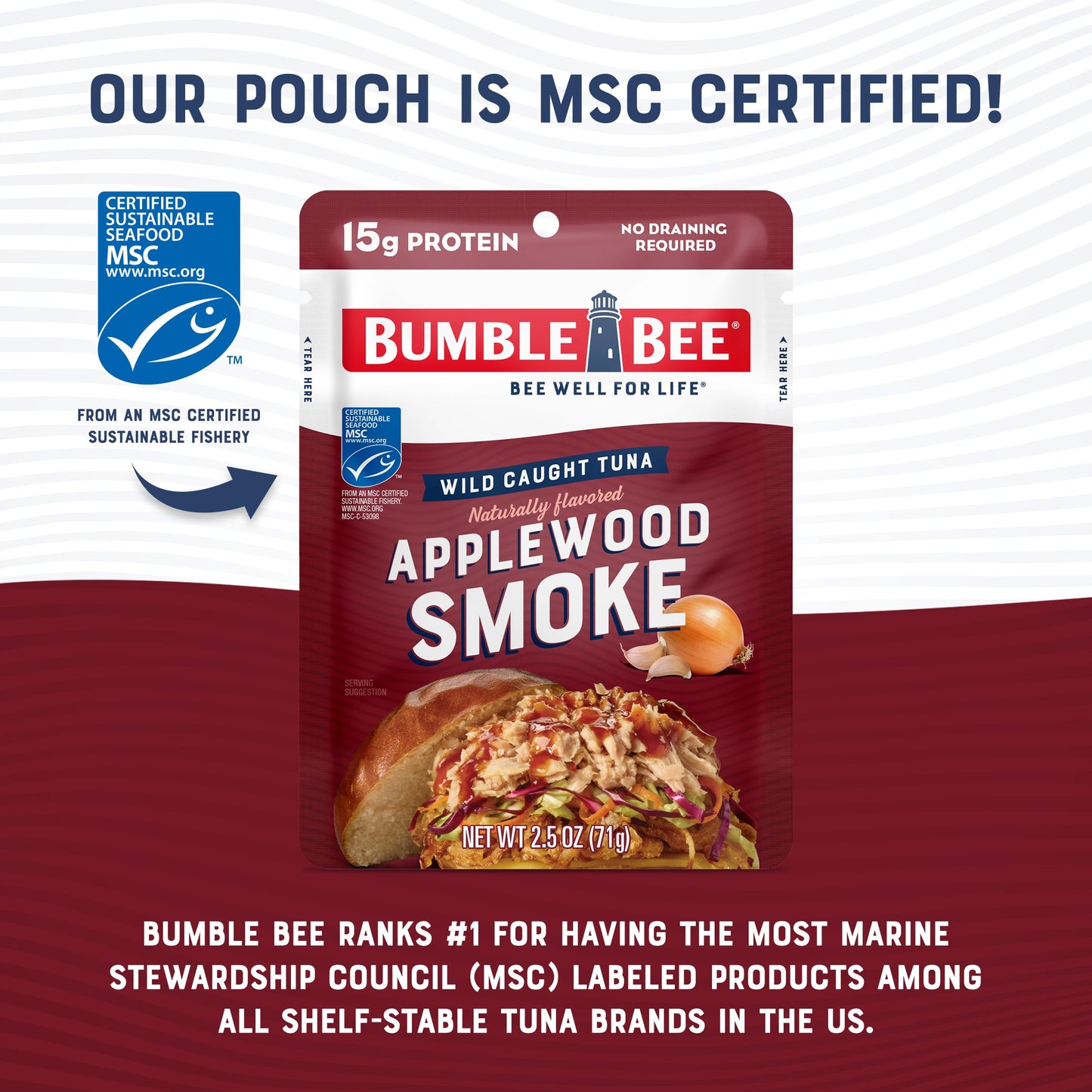 Bumble Bee Applewood Smoke Seasoned Tuna, 2.5 oz Pouches (Pack of 12) - Ready to Eat - Wild Caught Tuna Packet - 15g Protein per