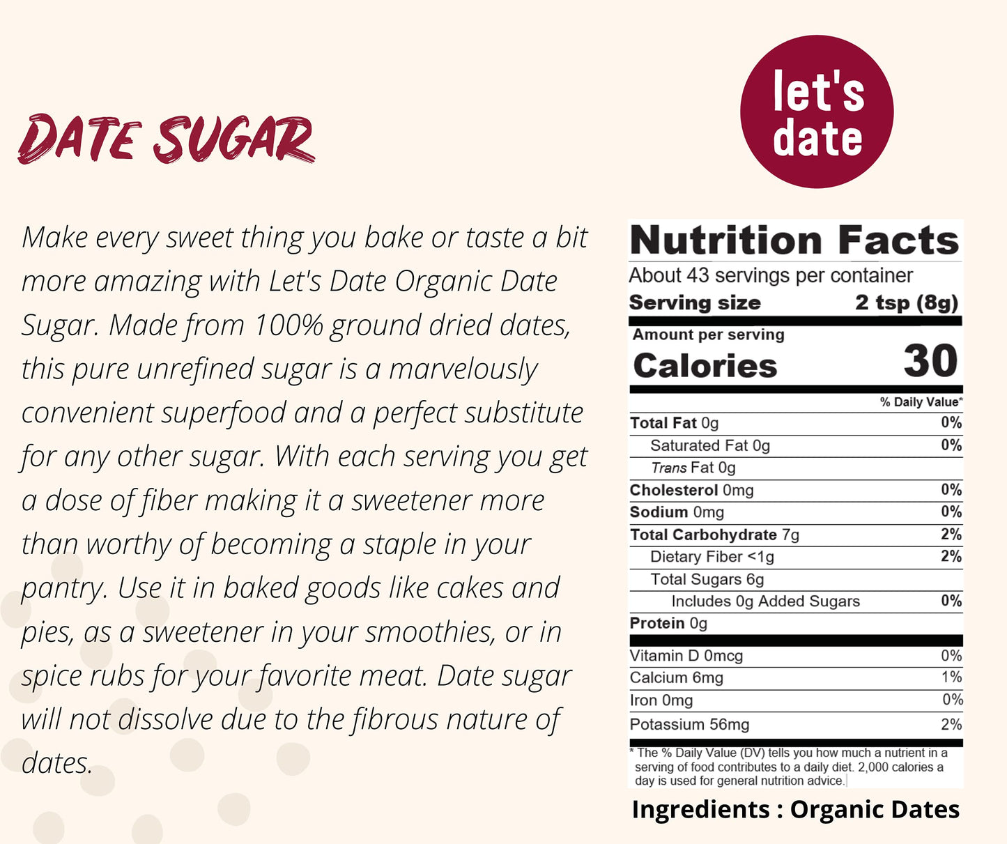 Lets Date Organic Date Sugar, Vegan & Gluten Free, 12oz Pack of 6