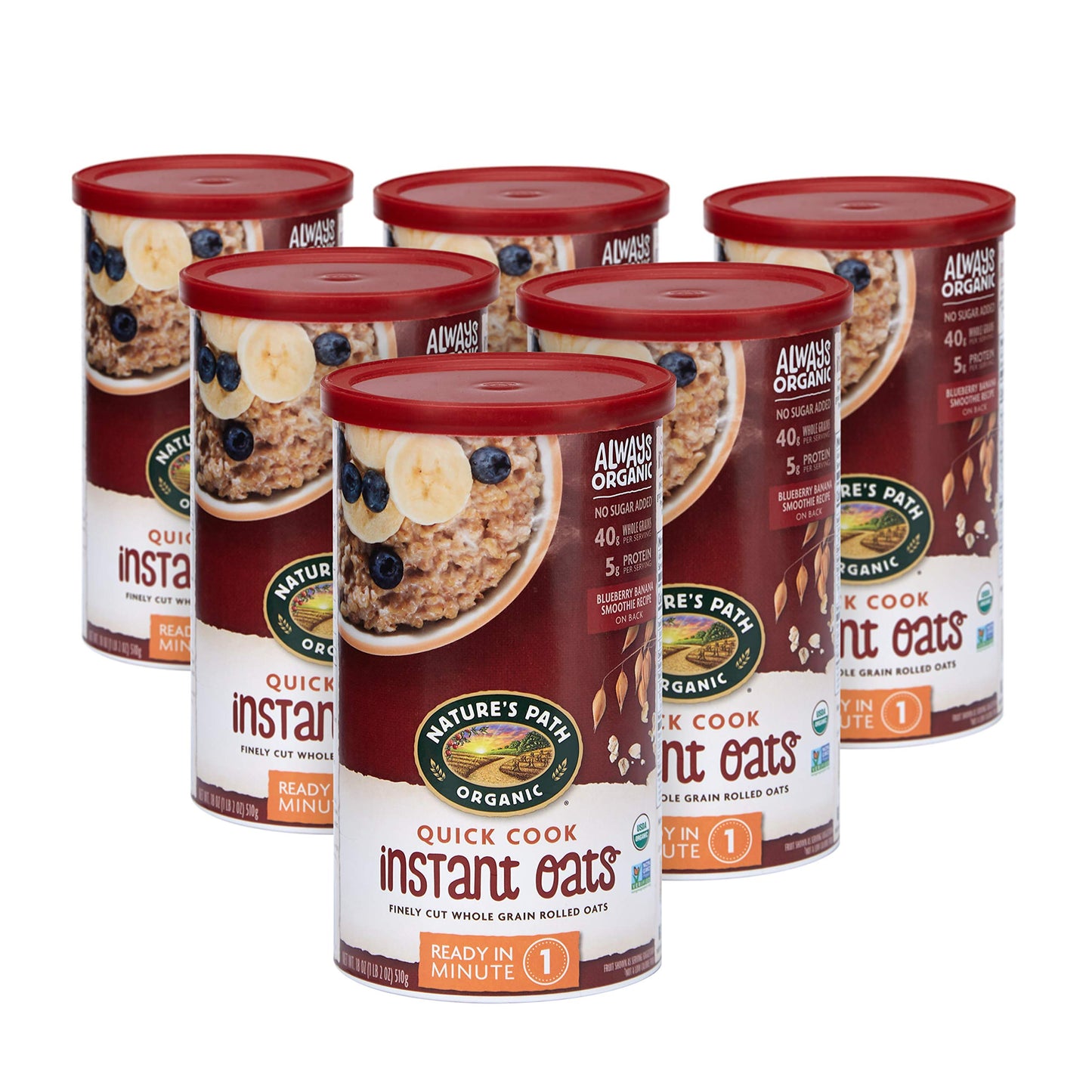 Nature'S Path Organic Ready In 1 Minute Instant Oats, 18 Ounce Canister (Pack Of 6), Non-Gmo, 40G Whole Grains, 5G Plant Based Protein, Great For Overnight Oats