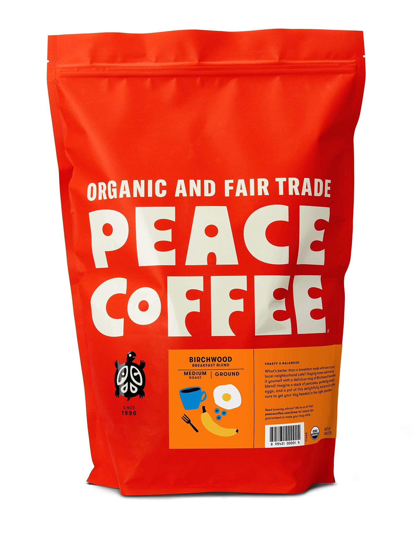 Peace Coffee Birchwood Breakfast Blend | 5 lb Ground Medium Roast | Organic Fair Trade | Smooth, Mild Flavor | Shade Grown, Fres
