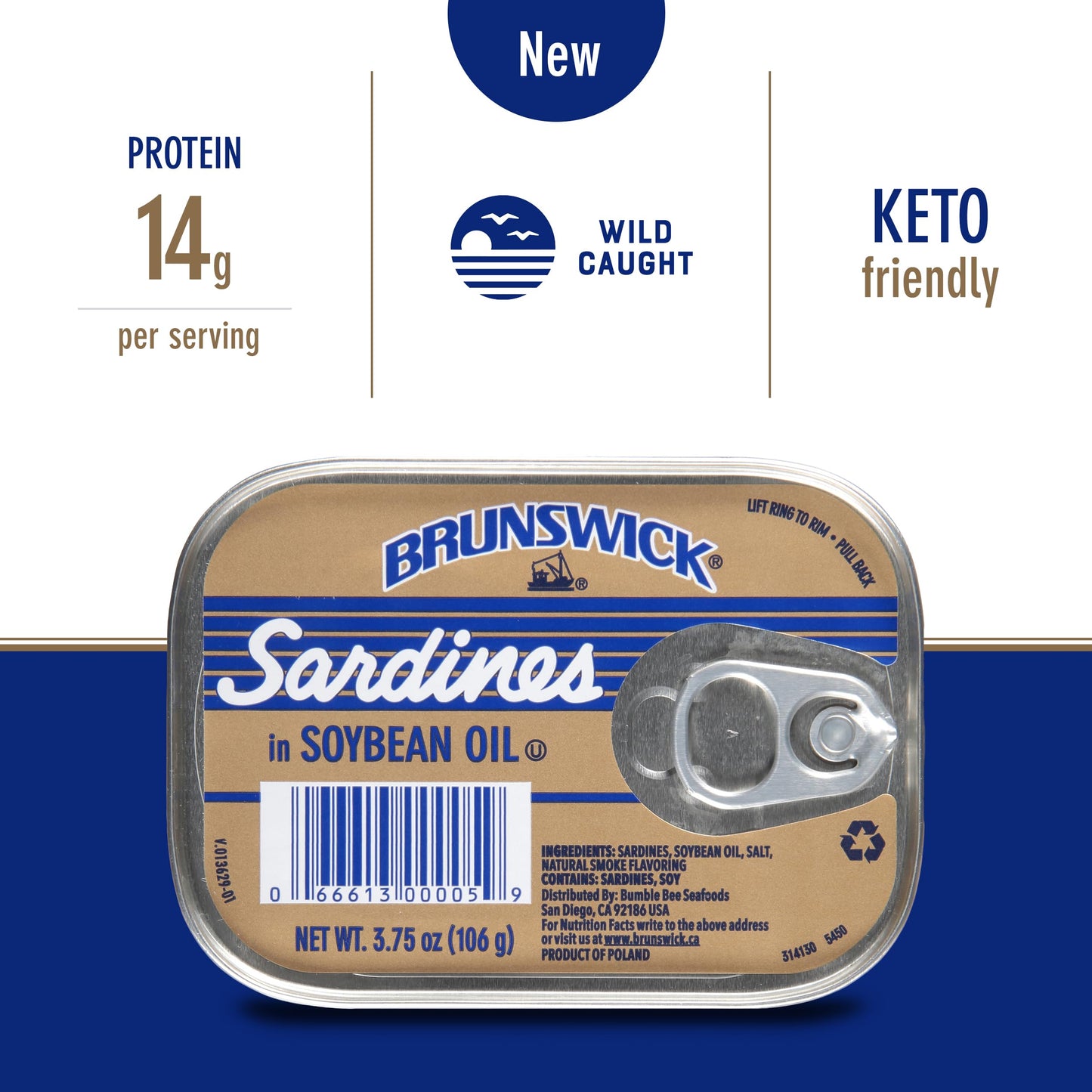 Brunswick Wild Caught Sardines In Soybean Oil, 3.75 Oz Can - 14G Protein Per Serving - Gluten Free, Keto Friendly, Kosher