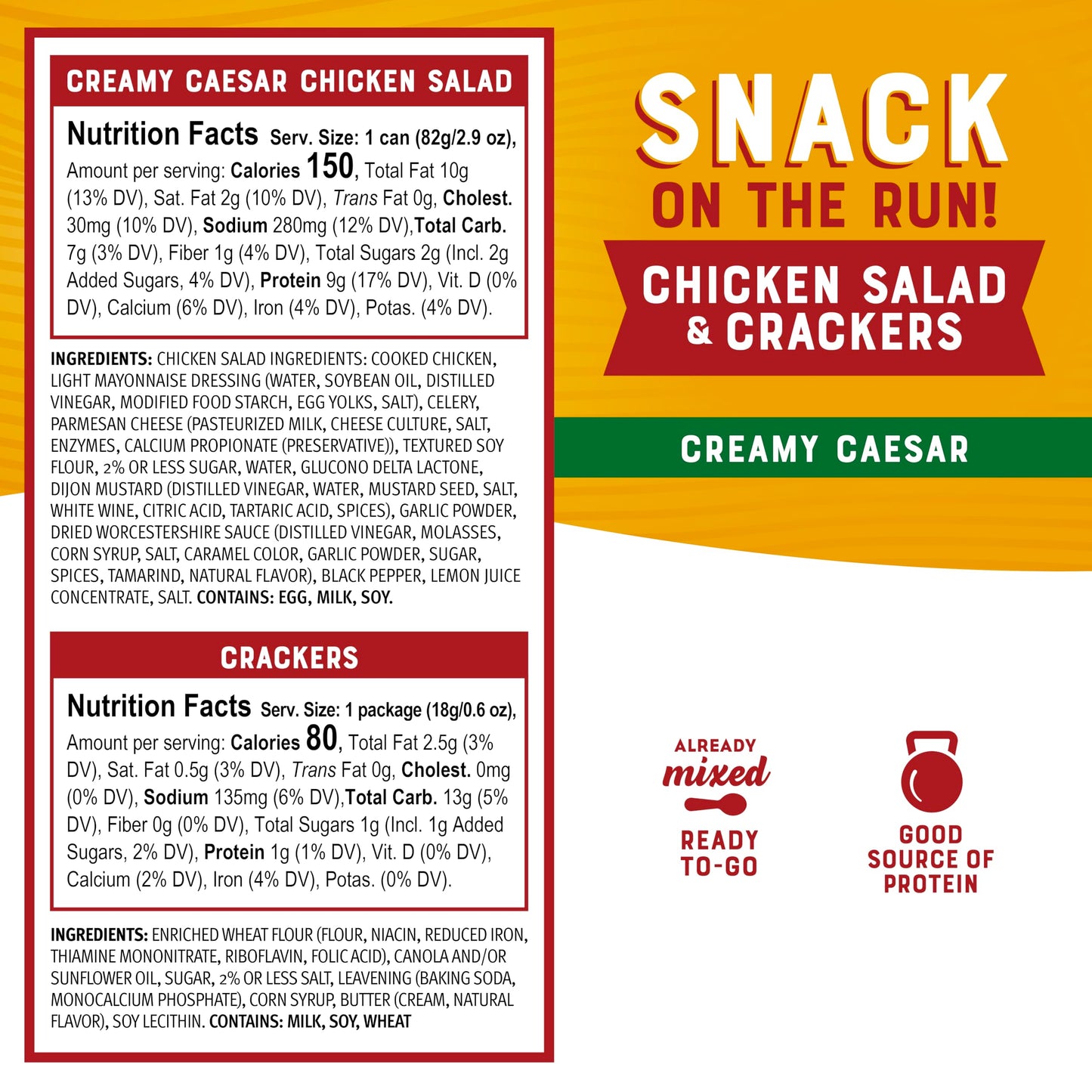 Bumble Bee Snack On The Run Creamy Caesar Chicken Salad with Crackers Kit (Pack of 12) - Ready to Eat Protein Snack Pack - 10g P