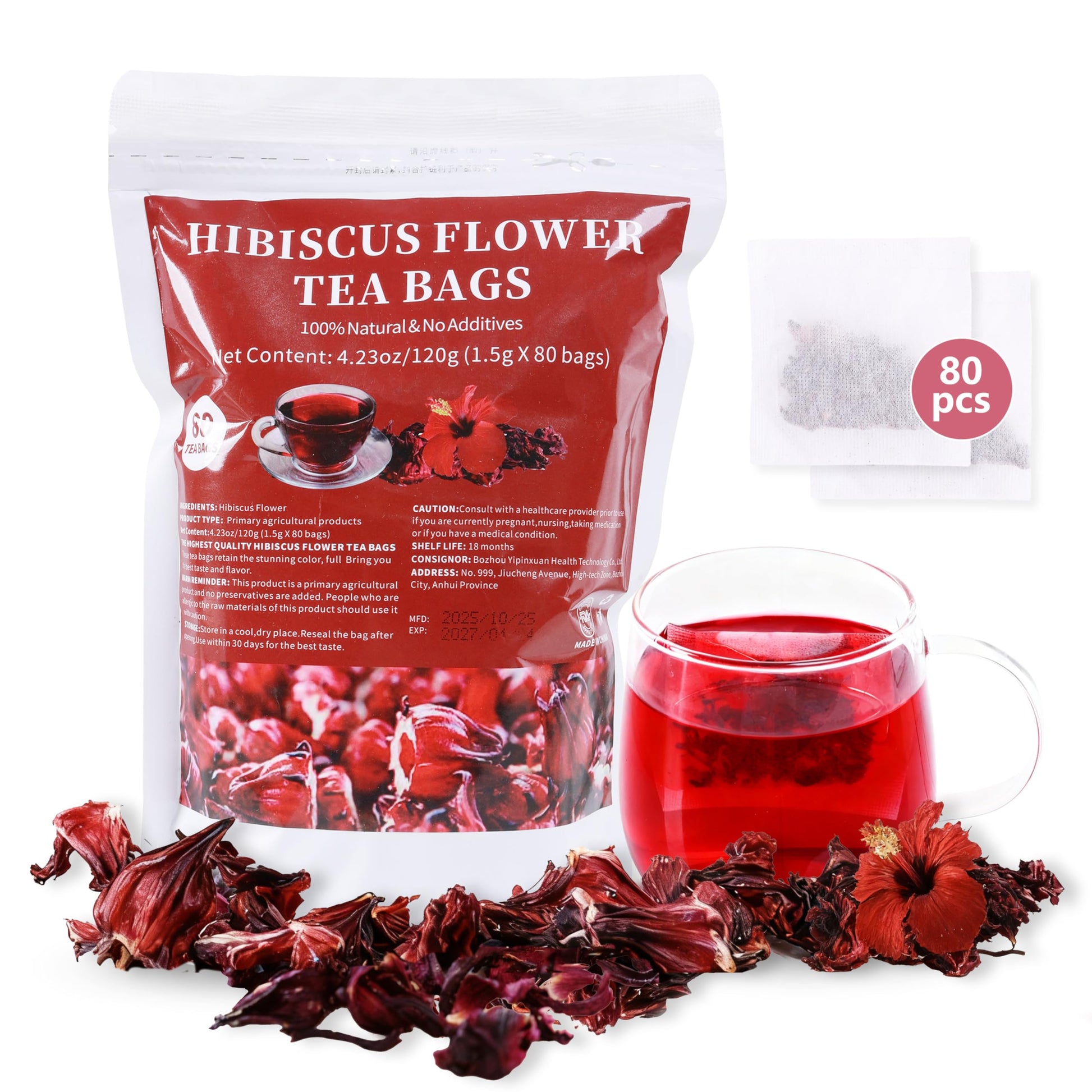 80 Hibiscus Flowers Tea Bags 100% Natural Hibiscus Flowers - Supports Heart Health -No Sugar/Gluten  Energy Blend Free