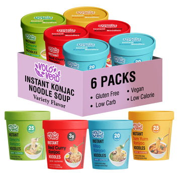 VOLO VERO Konjac Noodle Variety Pack -Tom Yum, Miso, Kimchi,''Spicy'' Red Curry, 6 Pack Low Carb Instant Shirataki Noodles Angel