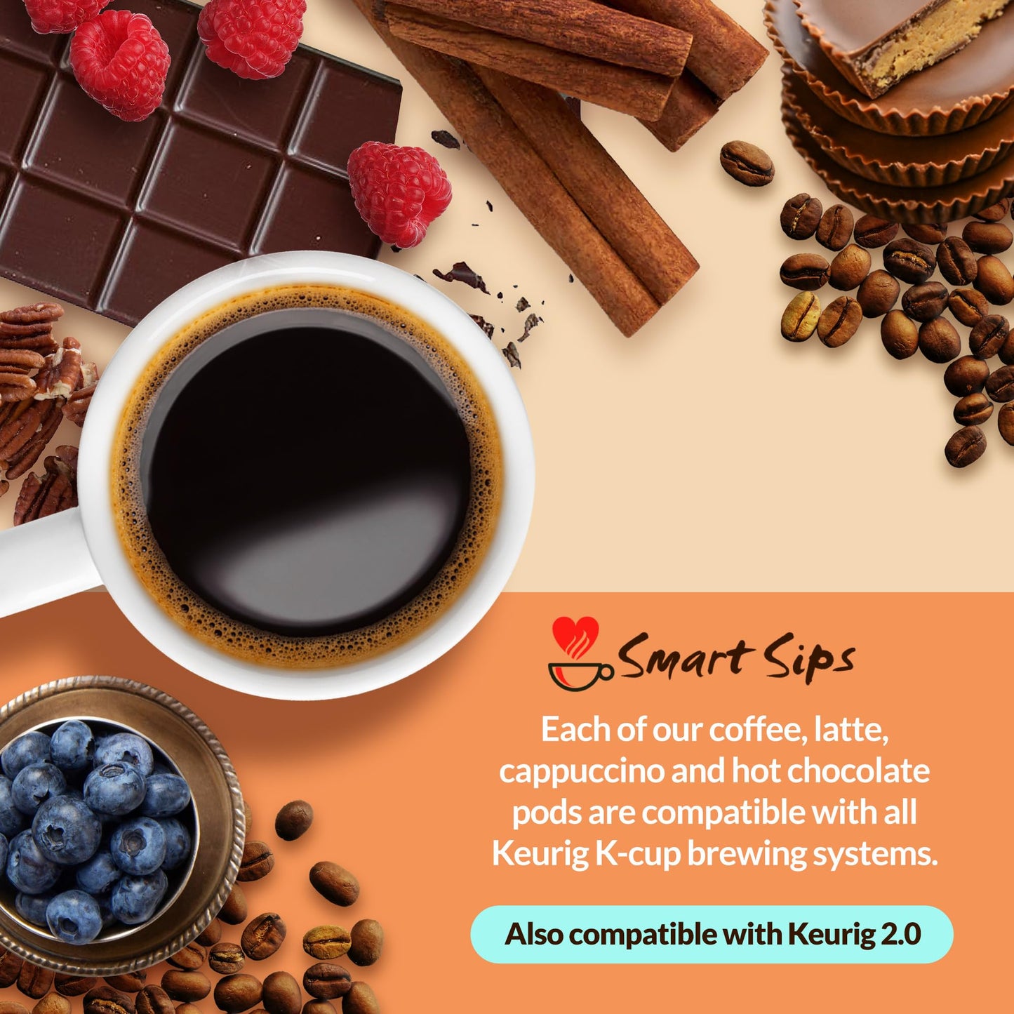Smart Sips Coffee Decaf Flavored Coffee Variety Sampler - 48 Count, Medium Roast, Compatible with Keurig K-Cup malt-inspired