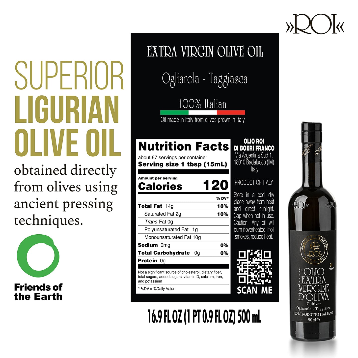 ROI Ligurian Italian Extra Virgin Olive Oil - First Cold Pressed EVOO, Fresh harvest - Ogliarola-Taggiasca Ligurian Olives - Pol