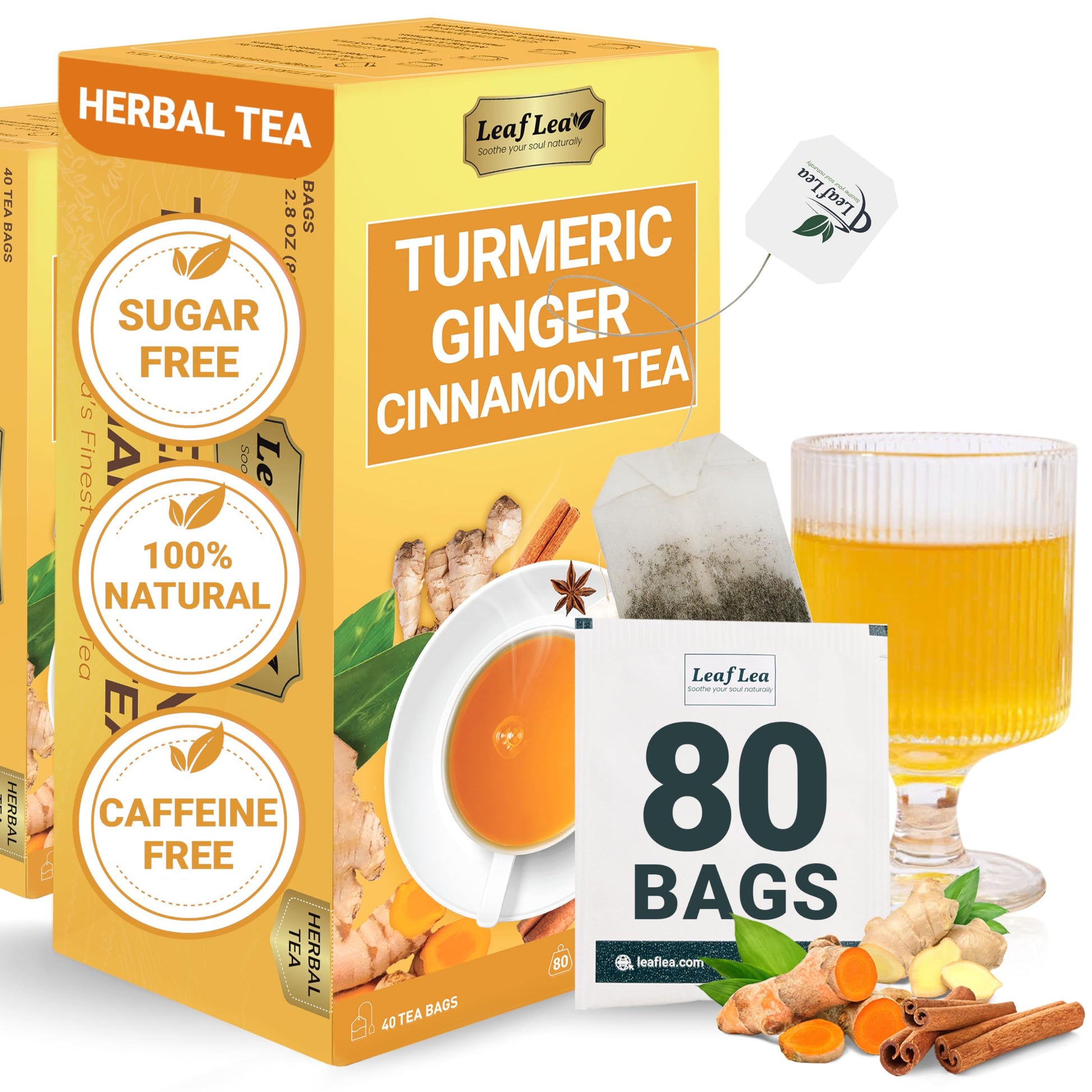 LeafLea Turmeric Tea Bags - 80 Count, Caffeine-Free Herbal Blend with Ginger and Cinnamon, Vegan, Sugar-Free